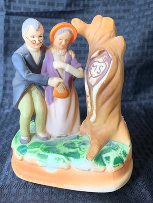 Vintage Price Music Box - Song: Forced Silence, Spins And Plays, Elderly Couple With Letters Carved In Tree