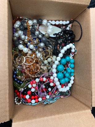 Box Of Costume Fashion Jewelry, Mostly Beaded Necklaces, Entire Lot Weighs Roughly 2.5 Pounds