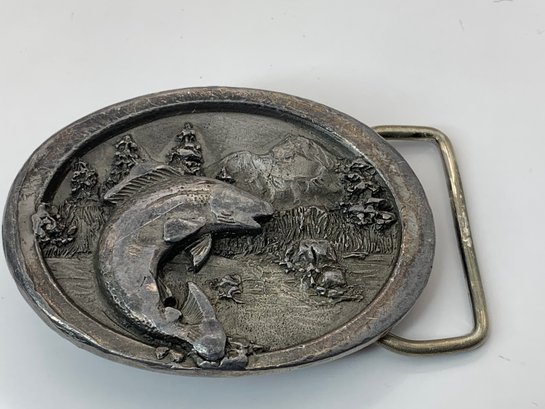 C & J Inc. 1986 USA Trout/salmon Belt Buckle , Oval, Measure 2.5 Inches
