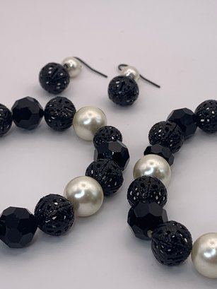 Goth Style Black Basket Bead & Pearl Bracelets And Earring Set, Cage Style Beads