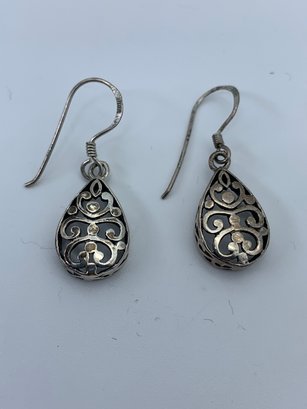 Teardrop Shaped Sterling Silver Dangle Basket Earrings, Marked 925,  1/2 Inch, 2.6g