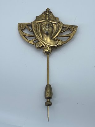 Victorian Art Nouveau Femme  Stick Pin, Gold Toned, With Stopper, About 3.5 Inches