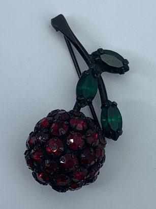 Warner Vintage 1950s Rhinestone Red Cherry Brooch, Green Leaves, Black Setting, Fruit Pin, 1.75 Inches