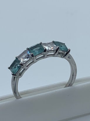 Bomb Party Blue And Clear Square Cut Stones In Sterling Silver Ring, Marked 925, Size 8.5, 2.4g