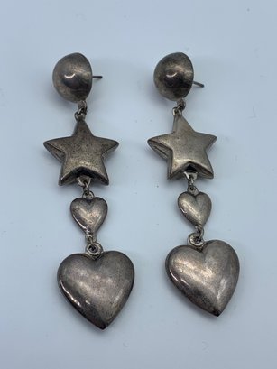 Pair Of 3-inch Long Star And Heart Double Sided Dangle Drop Earrings, Sterling Silver, Marked 925, 14.5g