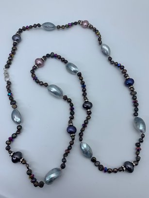 Dark Natural Freshwater Pearl, Mother Of Pearl, AB Faceted Bead And Crystal Beaded Necklace, Sterling Clasp