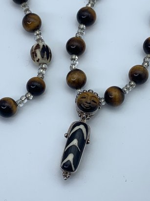 Sterling Silver Tigers Eye & Agate Goddess Brooch Pendant On Tigers Eye Beaded Necklace, 24 Inches, 62g