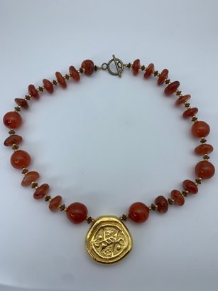 Indo Tibetan Agate Beaded Necklace With Faux Gold Coin Amulet, Toggle Clasp, 21 Inches Long