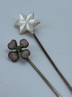 Antique Stick Pins - Gold Toned 4-petal Flower With Clear Center Stone, And White Mother Of Pearl 6-point Star