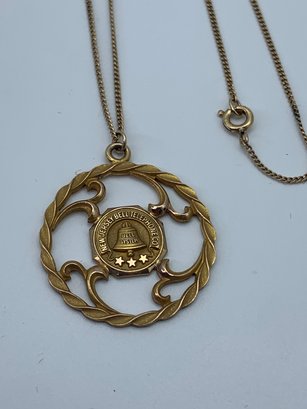 NJ Bell Telephone Company Gold Toned Filigree Pendant On 12k Gold Filled Chain, Bell System Charm