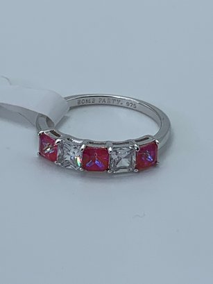 Magenta And Clear Basket Set Stones In Sterling Silver Band, Bomb Party, Marked 925, Size 8, 2.5g