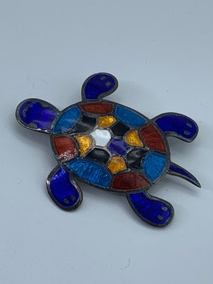 Sterling Silver And Multicolored Enamel Turtle Pin With Makers Mark, Brooch Is Hallmarked, 1.75 Inches, 5.4g