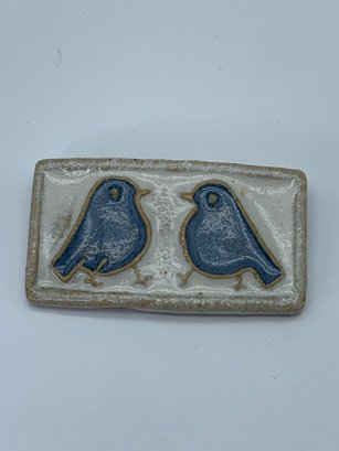 CUB Denmark Artisan Pottery  Bird Pin, Signed, Two Bluebirds Brooch,  2.25 Inch