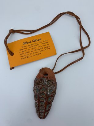 Clay Mook Mook Face Pendant On Leather Necklace,  Aboriginal Spirit Pottery Australia 3 Inch