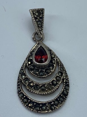 Silver Pendant With Marcasite And Red Teardrop Shaped Stone,  Marked 925, 1.25 Inches, 2.8g