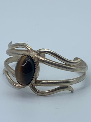 Sterling Silver & Tigers Eye Oval Stone Cuff Bracelet, Hallmarked JB With Asterisks, Wrist Width 2 Inches, 27g