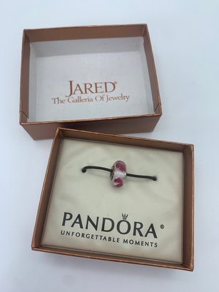 Pandora Sterling Clear Glass Bead With Pink Hearts, Silver Sliding Charm In Box, Marked  925