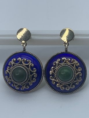 Vintage Gold Toned Blue Enamel Post Earrings With Green Stones, No Markings, 7.6g