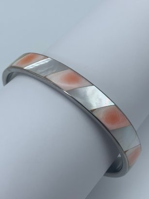 Mother Of Pearl And Other Shell Inlaid Cuff Bracelet, Silver Toned Cuff, Wrist Width 2.25inches