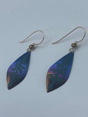 Holly Yashi Handcrafted Earrings, Signed, Blue/purple With Long Fir Trees, 1.25 Inches