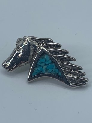 Mustang Horse Head Tack Pin With Inlaid Turquoise Mosaic Chips, 1 Inch, 4.2g