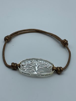 7 Inch Leather Rope Adjustable Bracelet With Sterling Charm Family Tree Marked 925, Family Link To The Past*