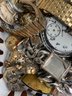 Pile Of Old Watches And Watch Parts For Repair - Wrist And Pocket - Gears, Bands, Faces, Chain, Hands And More