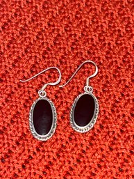 Sterling Silver Onyx Oval Pendant Pierced Earrings, Signed, Marked CW 925