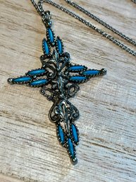 Signed Vintage ROMA Petit Point Faux Turquoise Silver Toned 2.5 Inch Cross Pendant On 24-inch Necklace