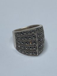 Wide Band Slitted Sterling Silver Ring With 5 Rows Of Marcasites, Marked 925