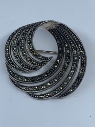 Swirl Design Openwork Sterling Silver And Marcasite Brooch, Stamped 925 And Signed