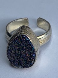 Sterling Silver Adjustable Ring With Dark Blue/purple Stone Druzy, Pear Shaped, Light Gold Wash, Stamped 925