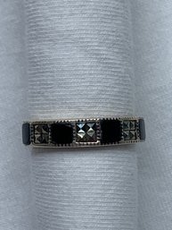 Classy Square Cut Onyx And Marcasite Sterling Silver Ring, Stamped 925 MAN And #7