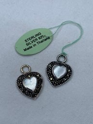 Heart Shaped Mother Of Pearl & Marcasite Sterling Silver Pendants For Jewelry Making, Marked 925 SU, With Tag