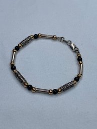 Modern Sterling Silver Barrel Beaded Bracelet With Black And Gold Ball Accents, Rope Twist Design, Stamped 925