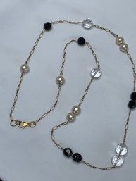 Long, Beautiful 14K Gold Filled Beaded Necklace- Clear, Black & Pearl Beads On 14KGF Chain, Lobster Claw Clas