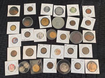 Collection Of  Assorted Coins, Tokens, Medallions, Stamps, All Except One In Cardboard And Plastic Sleeves