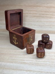 Nautical Themed Wooden Dice Box With 5 Wooden Dice, Brass Hinge And Detailing, 2.5 Inch Square, Decor Or Play!