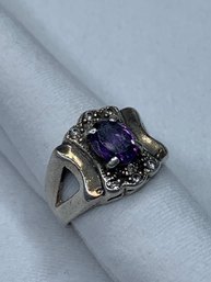 Deep Purple Amethyst, Oval Cut, Set In Sterling Silver Ring With Marcasite Accents, Open Back, Stamped 925
