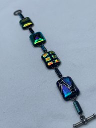 Vibrant And Colorful Art Deco Toggle Fashion Bracelet, Metallic Design On Beads, Retro Design