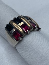 Fuchsia And Black Rectangular Stones In Two Rows, Sterling Silver Ring, Stamped Ja 925, Signed CJ