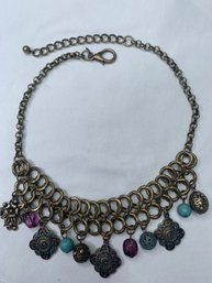 Early 2000's Premier Designs Madrid-style Antiqued Matte Gold Plated Beads, Enamel Pendant Necklace