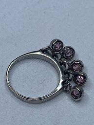 Fun Silver Toned Ring With 5 Dangling Charms, Pink/light Purple Circle Cut Stones