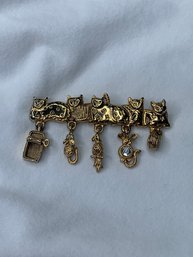 Decorated Signed AJC Five-cat Bar Brooch With Dangling Charms, Gold Toned, Charms With Crystal Accents