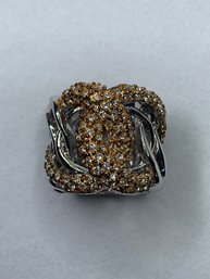 Statement Ring, Shiny Silver Toned Interlocking Circles, With Two Gold Toned Crystal Encrusted Interlocking Cs