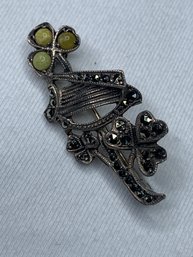 Jade Pearl & Marcasite Sterling Silver 3-leaf Clovers And Harp Brooch, Shamrock Spray And Lyre Pin