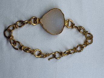 Fashionable Gold Toned Unique Link Bracelet With White Rough Cut Crystal Stone Feature, S-hook Clasp, Unmarked