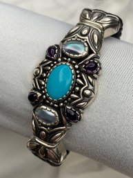 Carolyn Pollack Sterling 925 Turquoise, Amethyst & Abalone Hinged Cuff Bracelet, Black Leather Braided Cuff