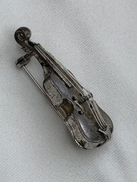 Cute Silver Violin/Viola/Cello Or Bass Lapel Pin With Silver Wire Strings, Brooch Stamped Sterling