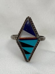 Native American Style Sterling Silver Ring, Color Block Mosaic Diamond Shaped Center, Multiple Stones